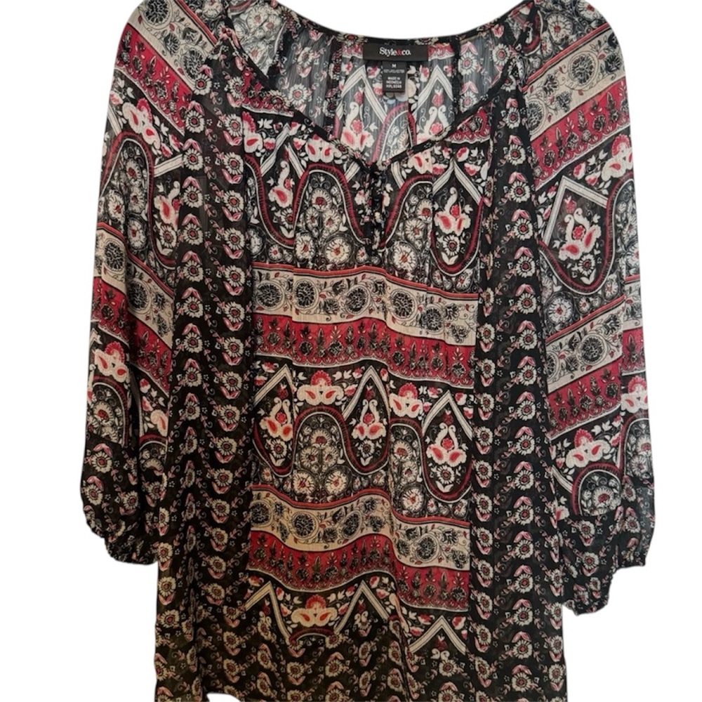 3/$10 Style & Co. Black Red Cream Paisley Print Peasant Blouse Size Medium